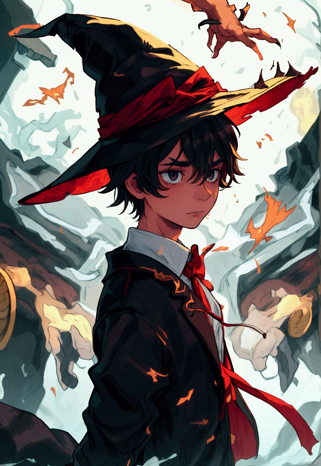 I need a magician with his hands in the center of his body with his hat covering his face, while energy comes out over your hands and there are small demons watching from behind your shoulder and flying over the region