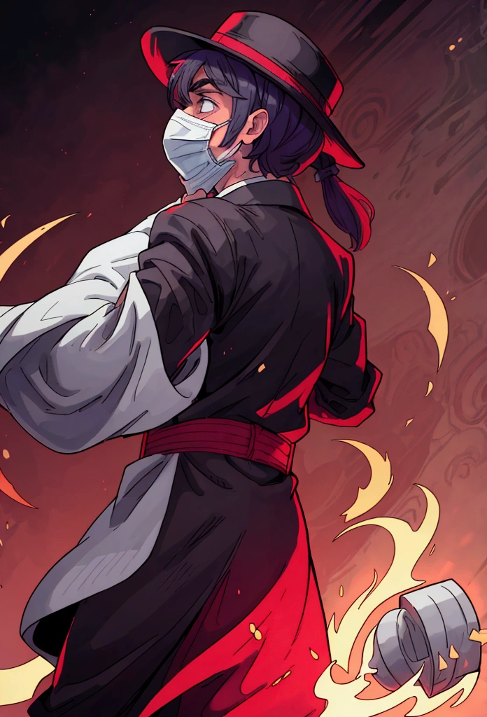 I need a magician with his hands in the center of his body with his hat covering his face, while energy comes out over your hands and there are small demons watching from behind your shoulder and flying over the region 
