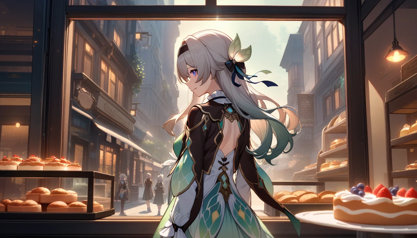 scene of girl standing in front of bakery window, 1girl, firefly, honkai star rail, staring at cake through window, detailed, high quality, fair, hd, detailed, good lighting, back turned, back off head,