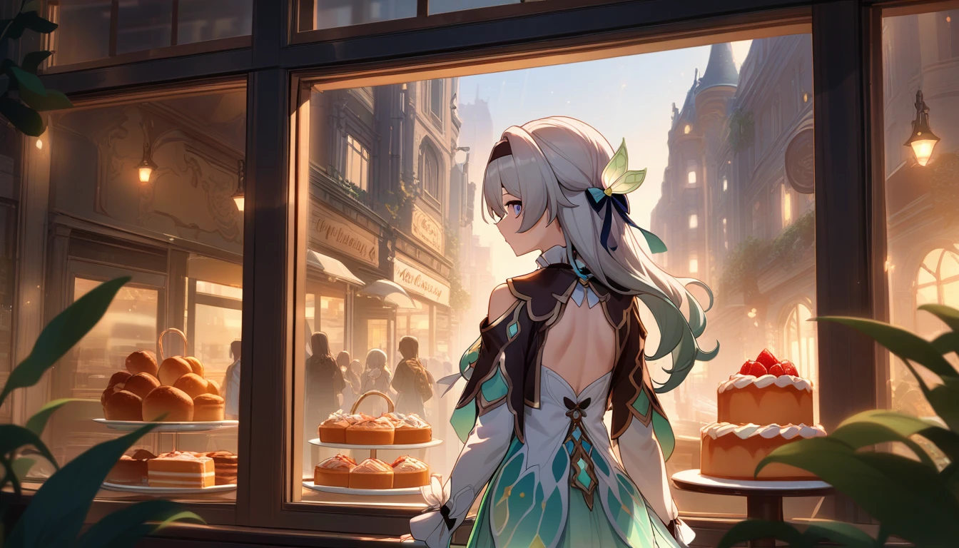 scene of girl standing in front of bakery window, 1girl, firefly, honkai star rail, staring at cake through window, detailed, high quality, fair, hd, detailed, good lighting, back turned, back off head,