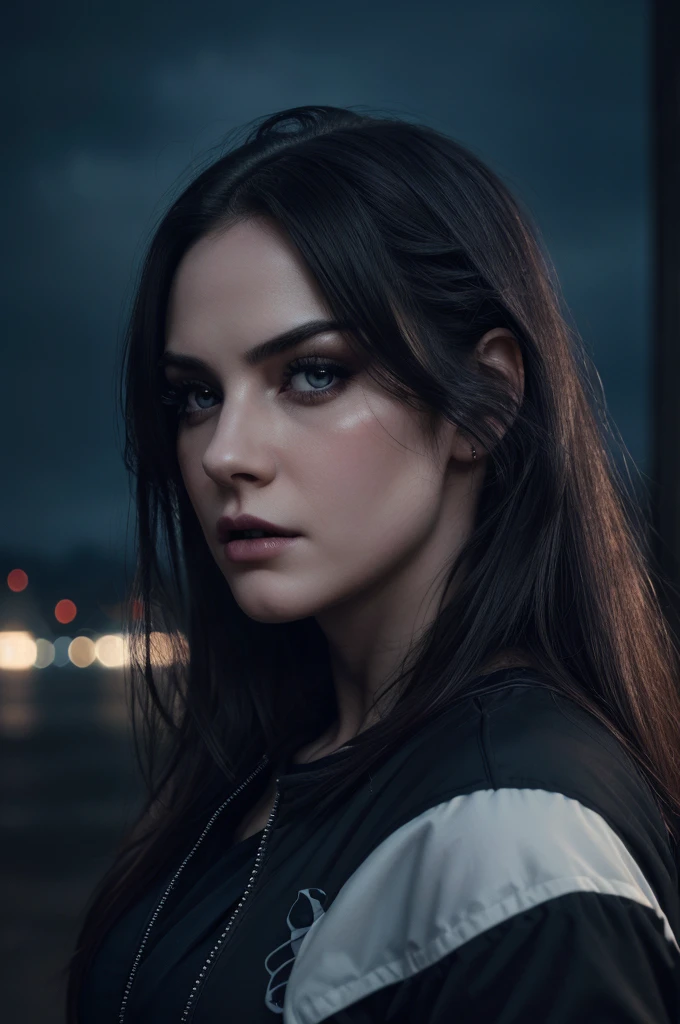 a beautiful vampire ghost girl, fat, jogging at night, detailed face, detailed eyes, detailed lips, pale skin, long eyelashes, messy hair, detailed clothes, dark background, moonlight, high contrast, moody lighting, dark shadows, dramatic atmosphere, dark fantasy, horror, cinematic, (best quality,4k,8k,highres,masterpiece:1.2),ultra-detailed,(realistic,photorealistic,photo-realistic:1.37)