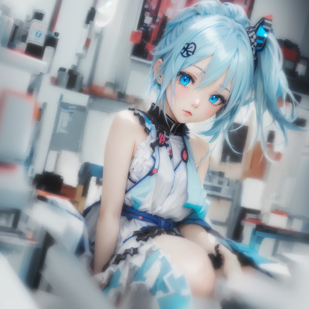 anime girl with blue hair and blue eyes sitting on a chair, mikudayo, anime style mixed with fujifilm, anime style 4k yen, anime! 4k yen, anime! 4K, 4k yen ], 4K], [ 4k yen digital art ]!!, anime style. 8K, Digital art on pixiv, Pixiv 3DCG, I deny that
