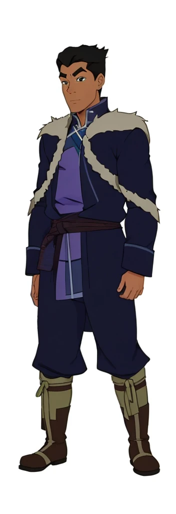 African-American, Bolin, water tribe traditional clothing mixed of blue and purple, with fur in shoulders and neck. Long sleeve, skinny, water tribe outfit. The character is wearing a blue, short-sleeved tunic with gold trim and fastenings down the front and fur collar, and fur on the shoulders. He has on dark purple pants tucked into knee-high boots. A green sash is tied around his waist. The overall style appears to be inspired by traditional East Asian clothing designs., fur on sleeves and shoulders, clothing mixed of water tribe purple and blue color and dark purple pants and skinny