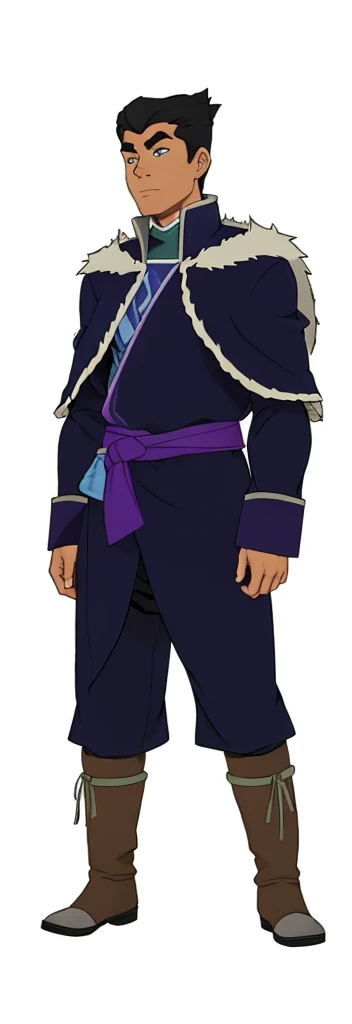 African-American, Bolin, water tribe traditional clothing mixed of blue and purple, with fur in shoulders and neck. Long sleeve, skinny, water tribe outfit. The character is wearing a blue, short-sleeved tunic with gold trim and fastenings down the front and fur collar, and fur on the shoulders. He has on dark purple pants tucked into knee-high boots. A green sash is tied around his waist. The overall style appears to be inspired by traditional East Asian clothing designs., fur on sleeves and shoulders, clothing mixed of water tribe purple and blue color and dark purple pants and skinny 