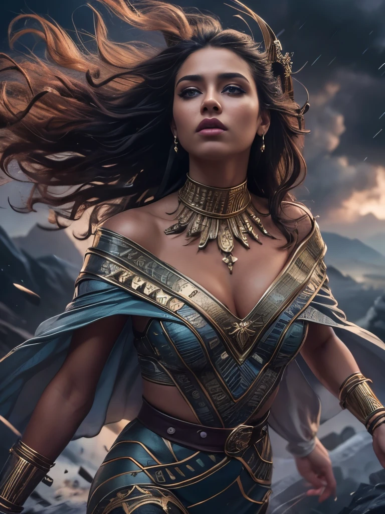 (Masterpiece.uhd. Oil painting.)Medium full shot. stunning goddess, young woman, age 23. fit body, walking above black storm clouds, detailed face, beautiful eyes, full lips, detailed skin, flowing hair, epic scale, dramatic lighting, fantasy, cinematic, vibrancy, photorealistic, hyper detailed, 8k, masterpiece, award-winning art