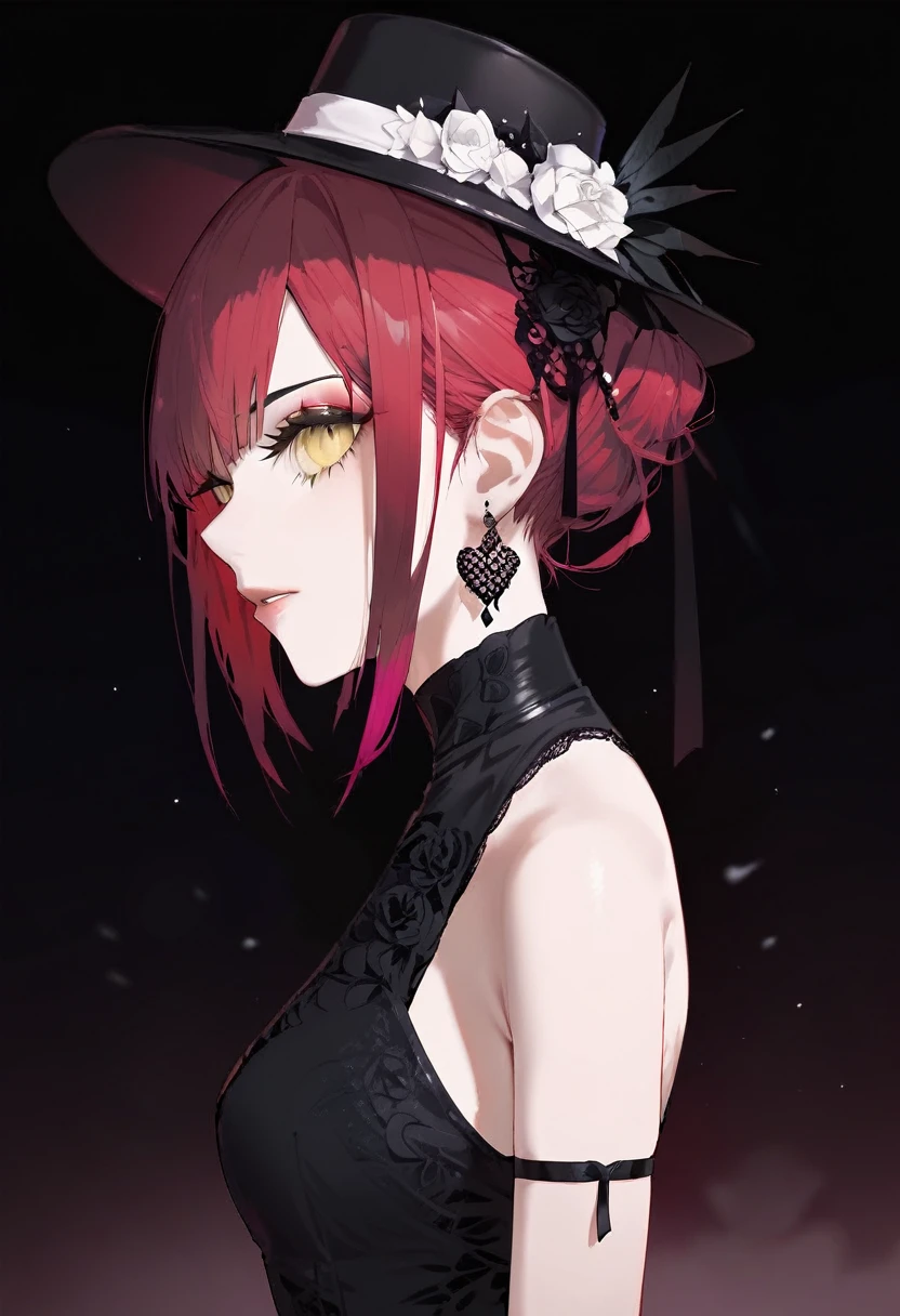 Woman, red hair, black funeral dress, funeral hat, face mesh, yellow eyes, side view