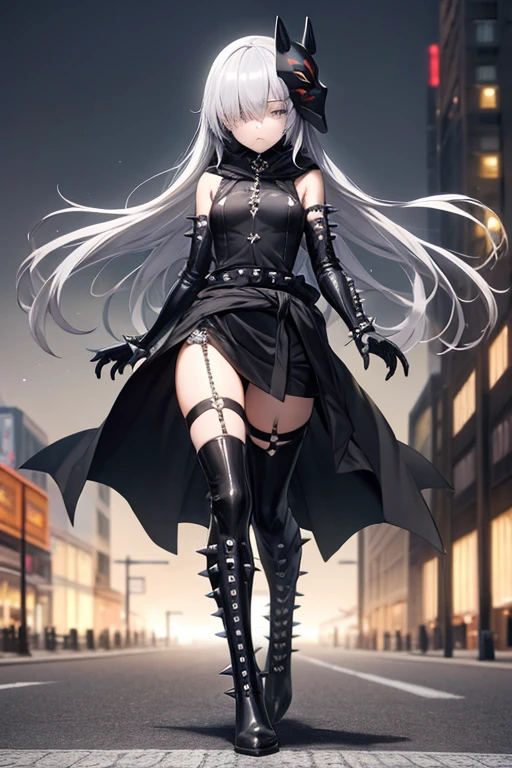 ((best quality)), ((masterpiece)), (detailed), 1 girl, Full body, 18 years old, Depressed face, Silver eyes, Arms outstretched, Arms behind waist, Metal mask covering her eyes, Eyes covered, Silver hair, Long hair, Spiky hair, Bangs, Strand of hair covering her eye, Full body, Tall, Small breasts, Slim body, Grey hood, Metal spikes, Grey wrist guards, Long black gloves with spikes, Grey gothic outfit, Gothic ta, Grey dress with metal spikes, Metal emblem, Tight fit, Black belt, Black stockings, Black boots, Walking through the city, Metal spikes coming out of the highway, City background, Grey clothes, Superhero, Anime, Plush rabbit in her arms