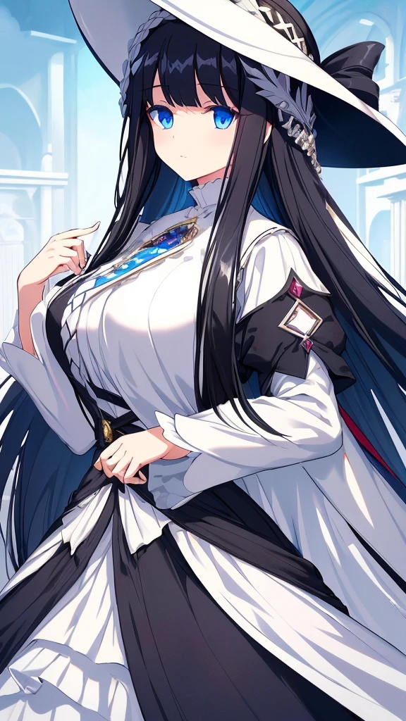 best quality, extremely detailed, anime style girl, long hair down to the waist, straight hair, ((dark black hair with bluish)),crown braid,beautiful detailed eyes, pinched eyes, dark blue eyes, gradation eyes,huge breasts,((((white English noblewoman's clothes)))),Luxury English hats,Inside the carriage,from side