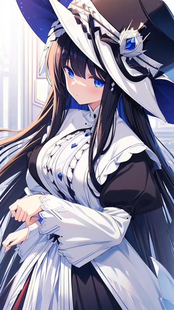 best quality, extremely detailed, anime style girl, long hair down to the waist, straight hair, ((dark black hair with bluish)),crown braid,beautiful detailed eyes, pinched eyes, dark blue eyes, gradation eyes,huge breasts,((((white English noblewoman's clothes)))),Luxury English hats,Inside the carriage,from side