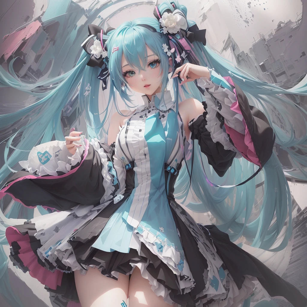 Anime girl with blue hair and black and white dress, portrait of hatsune Miku, Anime Style 4k, hatsune Miku portrait, hatsune Miku, digital art on Pixiv, Pixiv contest winner, anime art wallpaper 4k, anime art wallpaper 4k, Mikudayo, Anime Art Wallpapers 8K, Miku, Pixiv, High-resolution anime art
