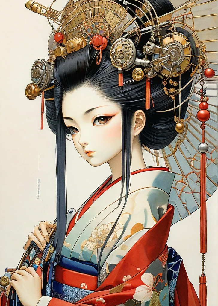 1 girl
mechanical arms
geisha
kimono
(art by Yoshitaka Amano )