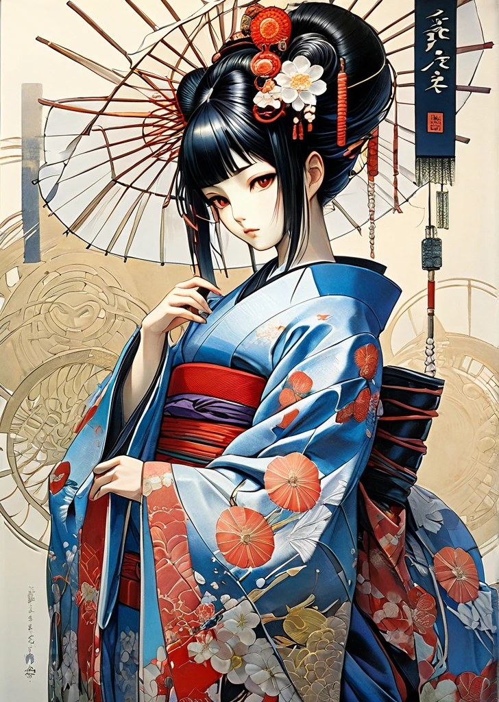 1 girl
mechanical arms
geisha
kimono
(art by Yoshitaka Amano )