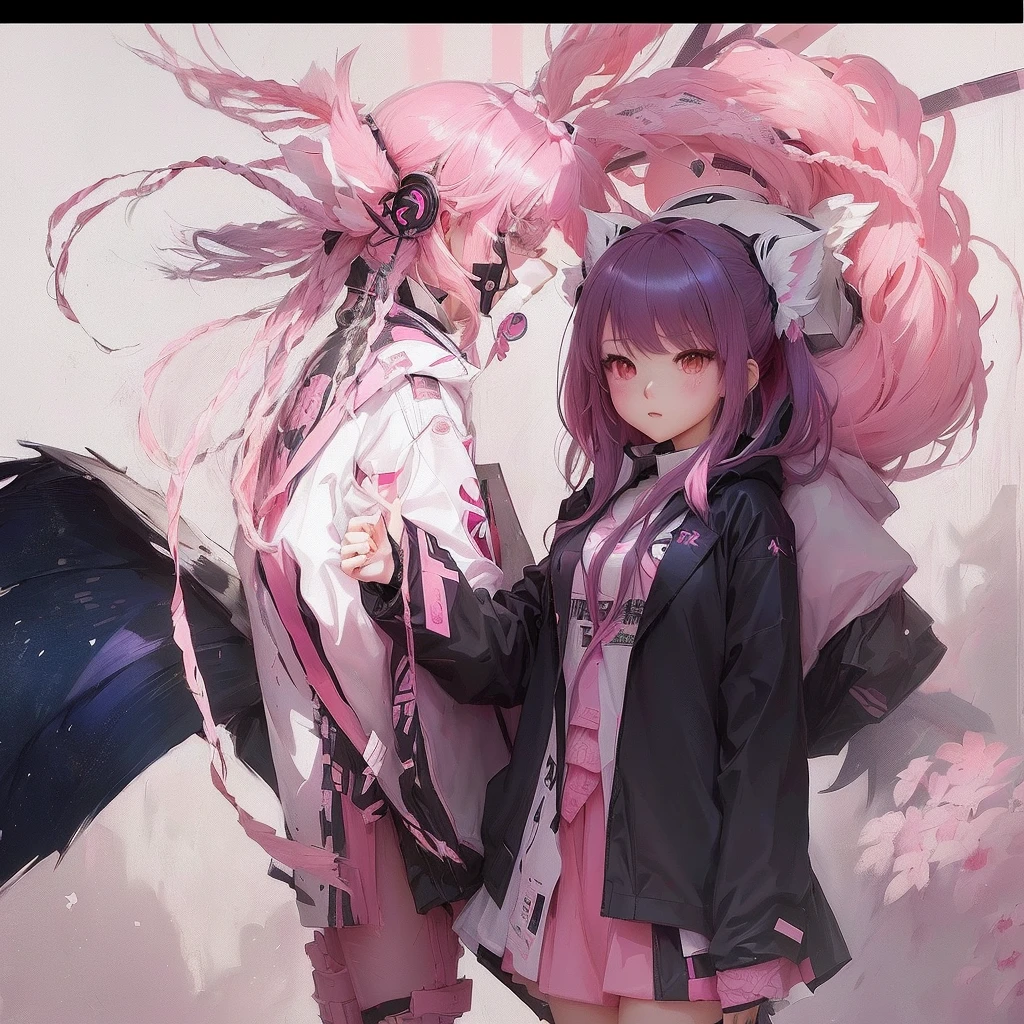 Standing next to a pink and white animal、Anime girl with pink hair and black jacket, By Ren, Zero-chan art, Gwaiz, Yandere, Zero-chan, Best anime 4k konachan wallpaper, Yandere. expensive, Gwaiz on pixiv artstation, Beautiful anime art, Yandere intricate, Anime illustration