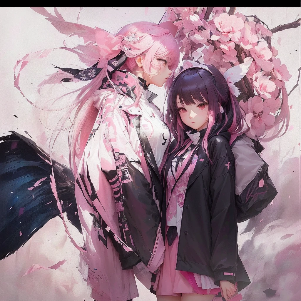 Standing next to a pink and white animal、Anime girl with pink hair and black jacket, By Ren, Zero-chan art, Gwaiz, Yandere, Zero-chan, Best anime 4k konachan wallpaper, Yandere. expensive, Gwaiz on pixiv artstation, Beautiful anime art, Yandere intricate, Anime illustration