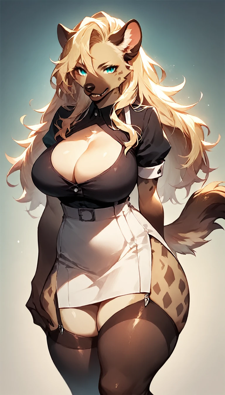 score_9, score_8_up, score_7_up, score_6_up, score_5_up, score_4_up, (solo), female anthro hyena,  black shirt, tight  skirt, thigh high socks lusty, fluffy body, long blond hair, turquoise eyes, (thick thighs:1.5)((( offering the breasts))) sex partial clothes, (((cleavage))) semi-butonned uniform niform, (barely_visible_booba) (she is standing) , giant breasts, garter belt