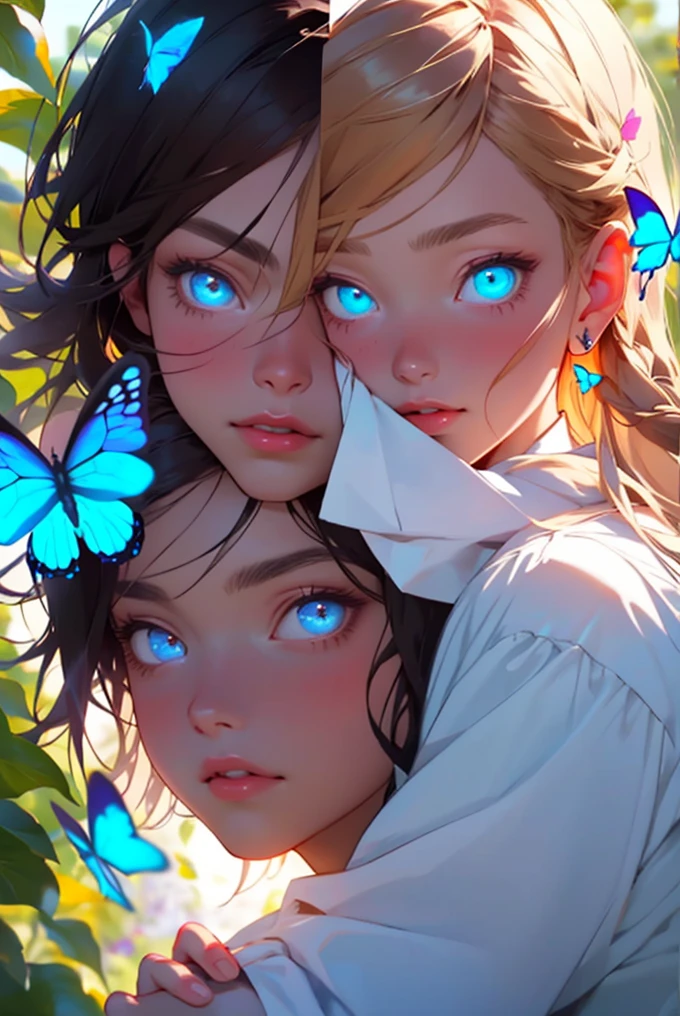 1 girl, 1 boy, princess hug, flower bush, masterpiece, best quality, delicate facial features, glowing butterflies, beautiful eyes, beautiful face