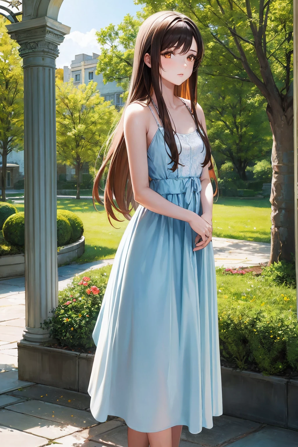 Masterpiece,stunning realistic, best quality, sharpness, 1 girl,18 years old,long hair,brown hair,(straight hair:1),orange eyes,(arms behind back:1),standing in a garden,light blue summerdress,weiter ausschnitt,knappes kleid