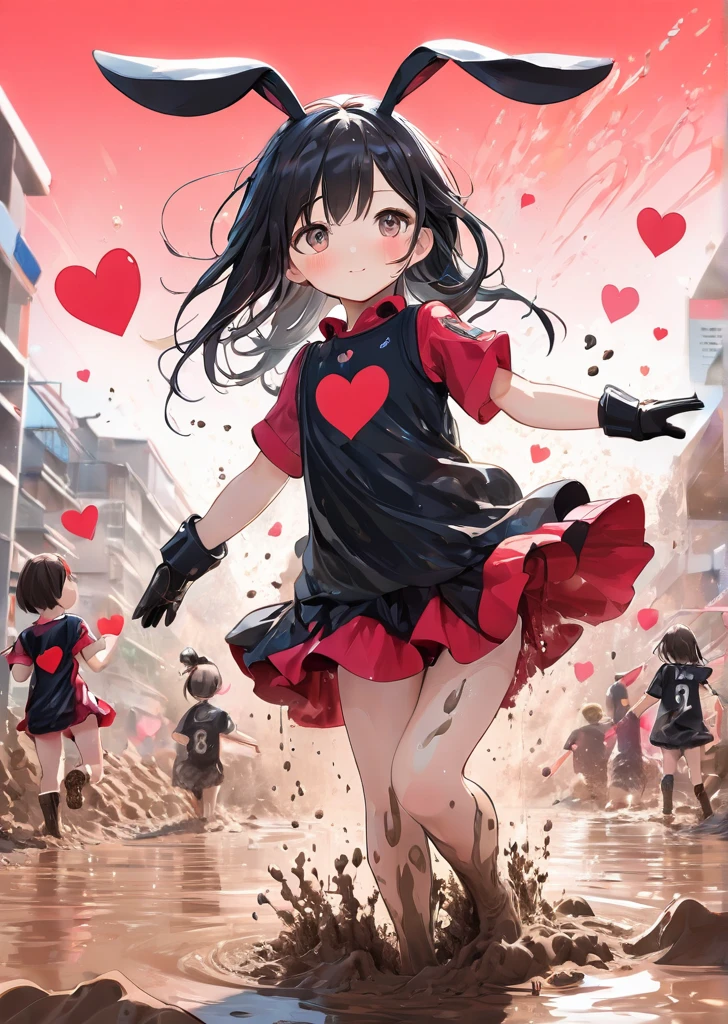 Black Star Red and White style, Simple Line Initialism,Abstract art,Urban Background, colorful hearts ,(((The most beautiful girl of all time))), On a bright red campus"YES"Character、beautiful illustration, best quality, cute girl, bedroom, pastel color, fluffy bunny ears, , silver long hair, alert! Dive into the messy and joyful theme of "Playing in Mud" (Playing in the mud). Capture the pure delight and uninhibited fun of people or animals splashing, building, and getting covered in mud.