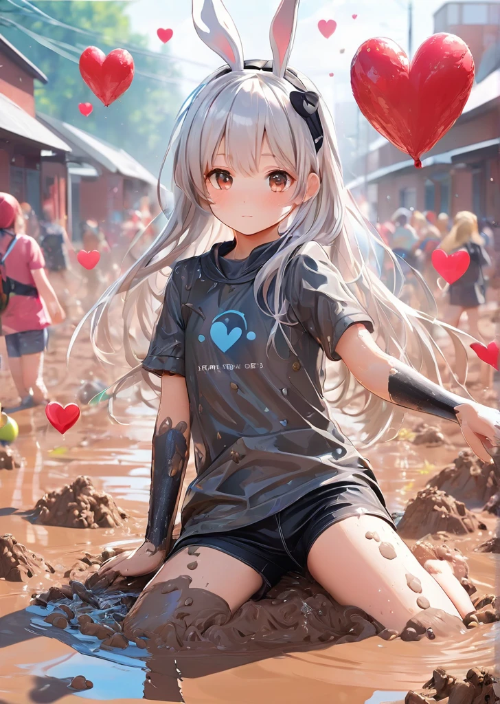 Black Star Red and White style, Simple Line Initialism，Abstract art，Urban Background, colorful hearts ,(((The most beautiful girl of all time))), On a bright red campus"YES"Character、beautiful illustration, best quality, cute girl, bedroom, pastel color, fluffy bunny ears, , silver long hair, alert! Dive into the messy and joyful theme of "Playing in Mud" (Playing in the mud). Capture the pure delight and uninhibited fun of people or animals splashing, building, and getting covered in mud.