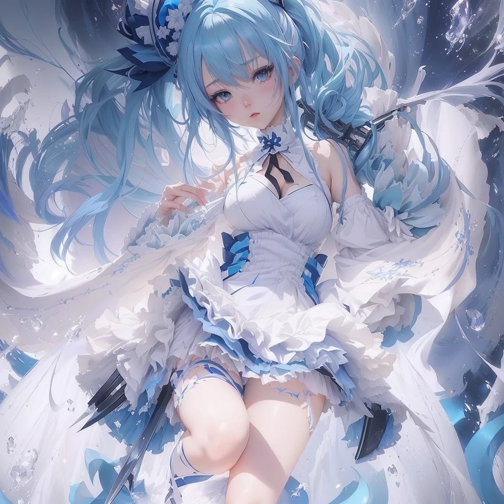 Anime girl with blue hair and white dress holding knife, digital art on Pixiv, Anime Art Wallpapers 8K, Pixiv, anime art wallpaper 4k, anime art wallpaper 4k, guweiz on Pixiv artstation, Anime Style 4k, I deny that, Zerochan Art, guweiz on artstation Pixiv, Beautiful anime art