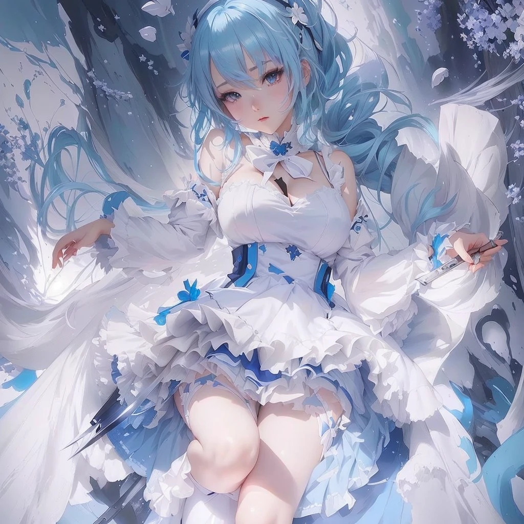 Anime girl with blue hair and white dress holding knife, digital art on Pixiv, Anime Art Wallpapers 8K, Pixiv, anime art wallpaper 4k, anime art wallpaper 4k, guweiz on Pixiv artstation, Anime Style 4k, I deny that, Zerochan Art, guweiz on artstation Pixiv, Beautiful anime art