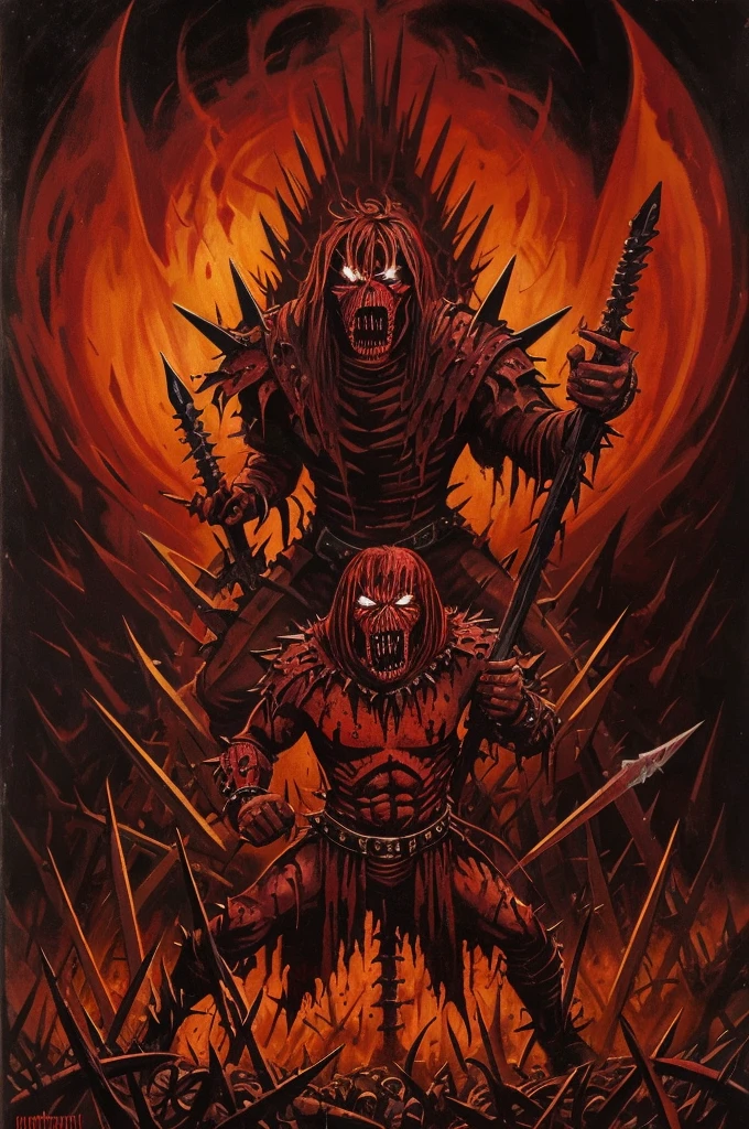 iron maiden (instrument of torture) with spikes, iron maiden in blood, demonic appearance of the iron maiden, dark red creepy background, infernal lighting, vector, few colours, distorted art, ghostly, the style of the 60s, oil painting