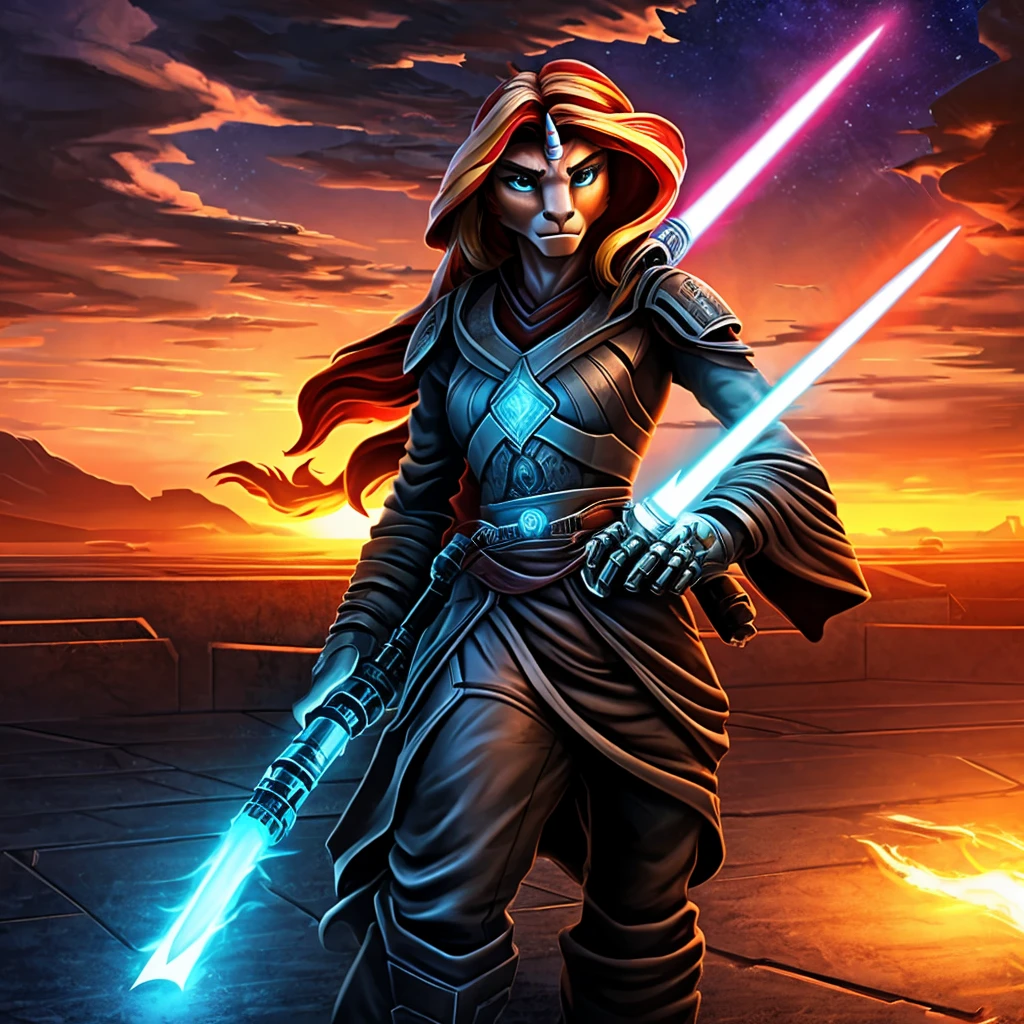 a beautiful anthro light orange unicorn pony, sunset shimmer, Jedi Knight wearing a black robe and pants, black boots, silver hilt blue bladed lightsaber, highly detailed face and features, detailed mechanical hand, cinematic lighting, dramatic atmosphere, rich colors, photorealistic, masterpiece, Star Wars, Imperial Star Destroyer in the background
