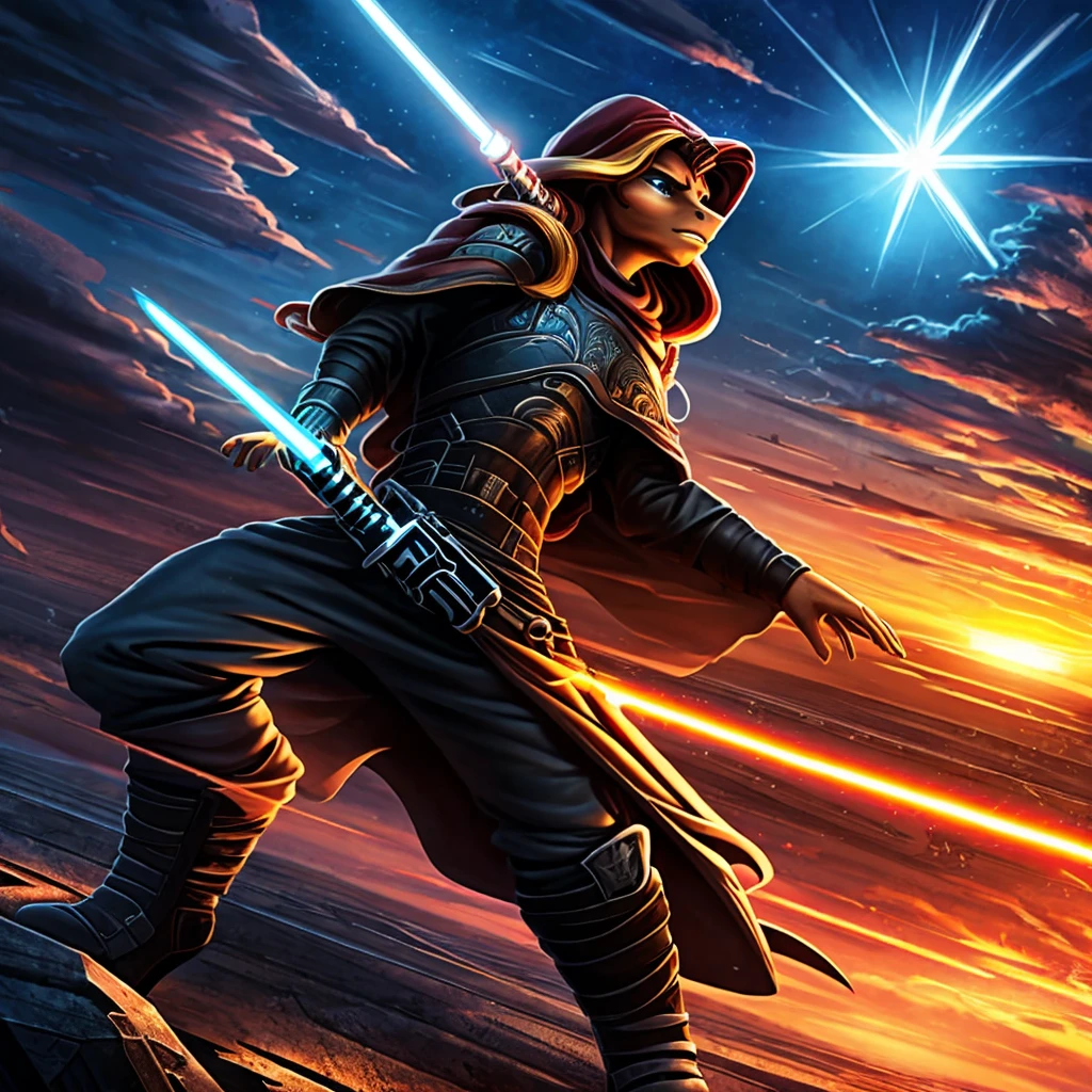 a beautiful anthro light orange unicorn pony, sunset shimmer, Jedi Knight wearing a black robe and pants, black boots, silver hilt blue bladed lightsaber, highly detailed face and features, detailed mechanical hand, cinematic lighting, dramatic atmosphere, rich colors, photorealistic, masterpiece, Star Wars, Imperial Star Destroyer in the background