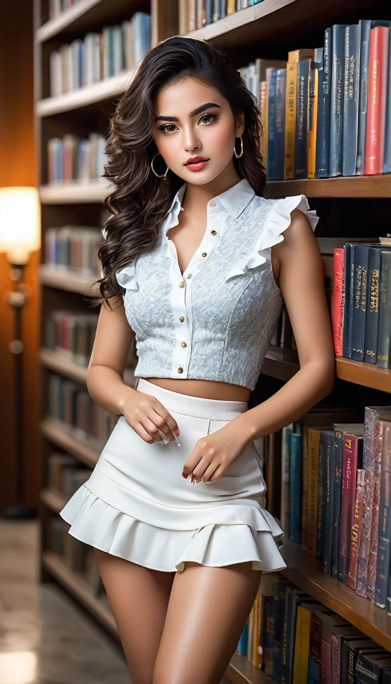 (((beautiful beautiful Isabela Merced, posing for photoshots, looking sexy, ruffled lips, extremely beautiful eyes))), ((wearing floral silver necklace)), realistic photoshotgraph, highy detailed, Spitz focus, (Main lighting), (indoor bookstore environment), work of art, very short and curly hair, bangss, bangss covering forehead, extremely beautiful, Perfect beauty, (perfect shape body, Broad Hips, small waist, thick-thighs, firm abs, Body cute, sexy legs, gorgeous knees knees, kneecaps, focus on the knees, breasts small), ((30 years old)), (extremely detaild 8k wallpaper), ((face detailed)), (((wearing  white shirt, saia curta de tweed, kneecaps, knees, nylons with a seam, Strad sandals)), (long dark eyelashes), (((aretes))), (looking at the camera), (((kneecaps)))) (glamor model), (seductive facial expression) (((standing between tall shelves full of books))), extremely detaild, work of art, details Intricate, highy detailed, Spitz focus, skin detailed, realistic skin texture, texture, detailedeyes, high resolution, kodak vision color, photoshot_\(ultra\), Post-processing, maximum detail, roughness, real-life, ultra realistic, photoshotrealism, photoshotgraphy, absurderes, RAW photoshot, highest quallity, high detail RAW color photoshot, professional photoshot, extremely detaild UHD 8k wallpaper unit, best qualityer, high resolution, (work of art, maximum quality, high resolution:1.4), photoshot, cinematic, Film grain, Spitz, soft natural light, magic photoshotgraphy, super verbose