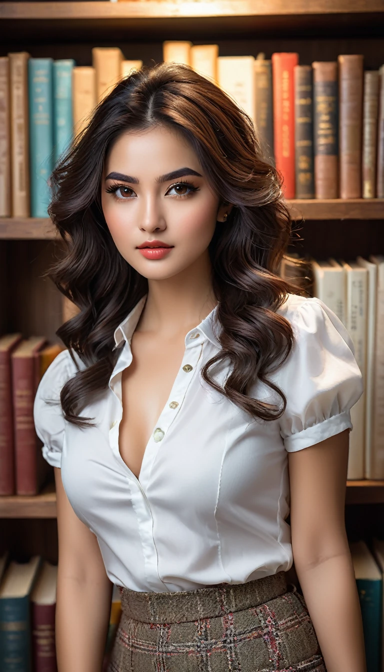 (((beautiful beautiful Isabela Merced, posing for photoshots, looking sexy, ruffled lips, extremely beautiful eyes))), ((wearing floral silver necklace)), realistic photoshotgraph, highy detailed, Spitz focus, (Main lighting), (indoor bookstore environment), work of art, very short and curly hair, bangss, bangss covering forehead, extremely beautiful, Perfect beauty, (perfect shape body, Broad Hips, small waist, thick-thighs, firm abs, Body cute, sexy legs, gorgeous knees knees, kneecaps, focus on the knees, breasts small), ((30 years old)), (extremely detaild 8k wallpaper), ((face detailed)), (((wearing  white shirt, saia curta de tweed, kneecaps, knees, nylons with a seam, Strad sandals)), (long dark eyelashes), (((aretes))), (looking at the camera), (((kneecaps)))) (glamor model), (seductive facial expression) (((standing between tall shelves full of books))), extremely detaild, work of art, details Intricate, highy detailed, Spitz focus, skin detailed, realistic skin texture, texture, detailedeyes, high resolution, kodak vision color, photoshot_\(ultra\), Post-processing, maximum detail, roughness, real-life, ultra realistic, photoshotrealism, photoshotgraphy, absurderes, RAW photoshot, highest quallity, high detail RAW color photoshot, professional photoshot, extremely detaild UHD 8k wallpaper unit, best qualityer, high resolution, (work of art, maximum quality, high resolution:1.4), photoshot, cinematic, Film grain, Spitz, soft natural light, magic photoshotgraphy, super verbose