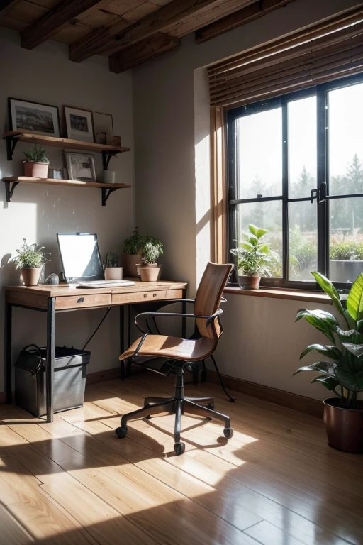 a simple industrial style home office, detailed interior, cozy atmosphere, warm lighting, wooden desk, leather chair, potted plants, rain on the window, natural landscape outside, (best quality,4k,8k,highres,masterpiece:1.2),ultra-detailed,(realistic,photorealistic,photo-realistic:1.37),interior design,realistic rendering,studio lighting,natural light,comfortable,minimal,industrial,wooden furniture,leather chair,potted plants,rain,window view,natural landscape