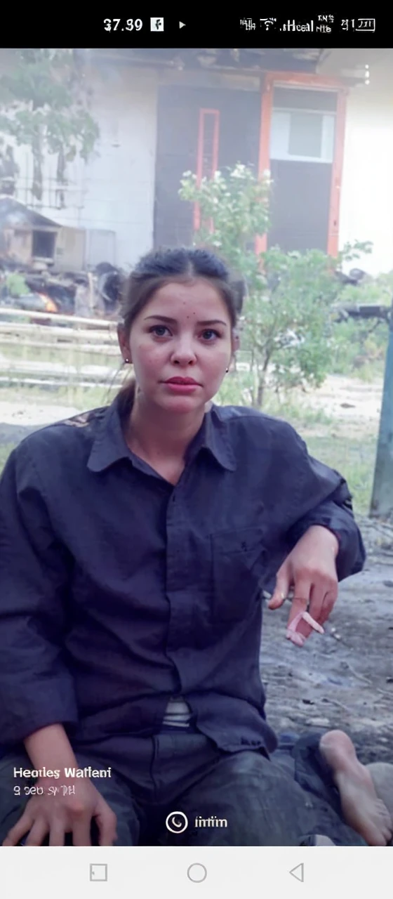 a pregnant woman sits on the ground. scared expression. in front of him a toy in the shape of a human head complete with internal organs with a fire effect .wilderness background