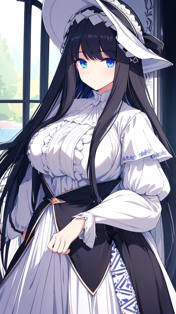 best quality, extremely detailed, anime style girl, long hair down to the waist, straight hair, ((dark black hair with bluish)),crown braid,beautiful detailed eyes, pinched eyes, dark blue eyes, gradation eyes,huge breasts,((((white English noblewoman's clothes)))),Luxury English hats,((Inside the carriage)),from side