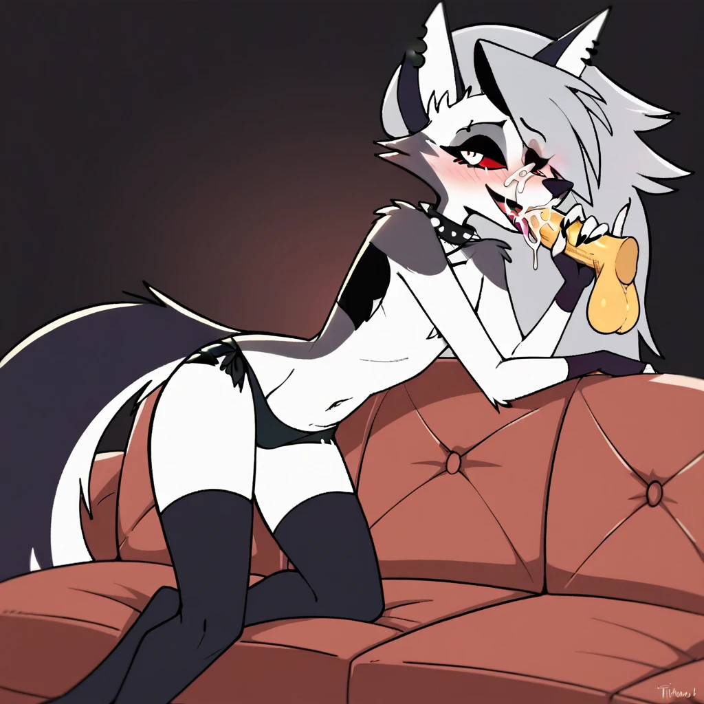 score_9, score_8_up, BREAK, source_anime, uncensored, perfect body, slim, thigh highs, fingerless gloves,
anthro, furry, pose, sexy,
Loona \(Helluva Boss\), NSFW, nude, moaning, back to viewer, head back, anthro male maned wolf with long spiked white hair and black face, highlighter yellow penis, blushing, high detail, couch, happy, laying on side, removing panties, open mouth, tongue out, cumming on face, cumming in mouth, satisfied expression, blowjob, male biting lip, male standing