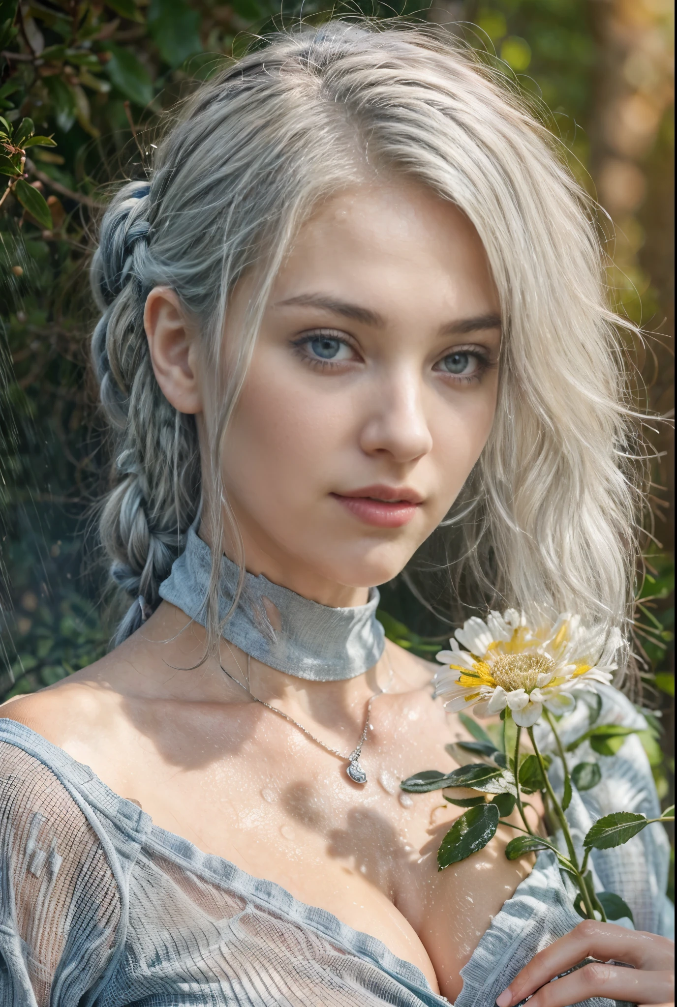 Photorealism, close up, wide angle, seen from below, a girl wears a long-sleeved shirt that is wet and torn, sagging shiet is exposinging her smooth shoulders, she has a slim body with firm, plump breasts, fair and smooth skin, grayish blue eyes , has silver hair and braids, she is sitting cross-legged in a weed field during heavy rain, she looks cold and her body and hair are soaked, in a foggy atmosphere, photon mapping,