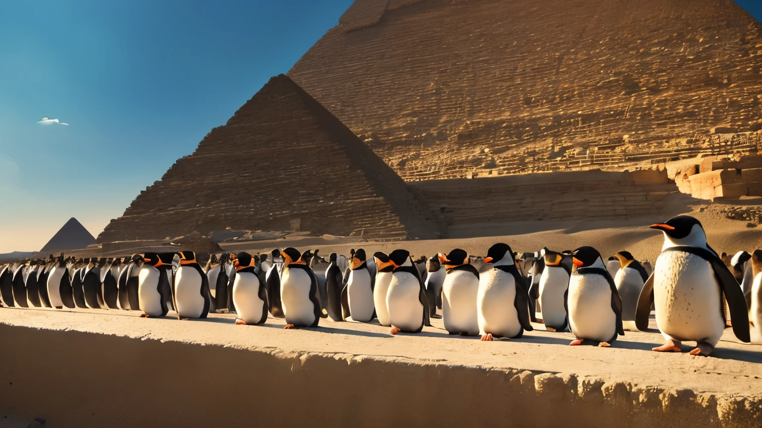 Masterpiece:1.4), (realistic, photorealistic:1.4), ultra hi-res 8k, Pyramids of Giza, line of penguins