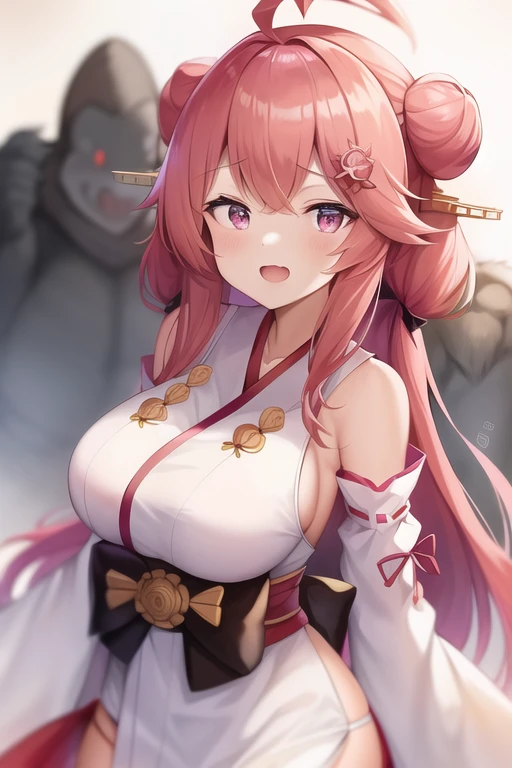 One girl, alone, Long Hair, King Kongu (Kantai Collection),Sakura Miko, Pink Hair, Double Bang, Purple eyes, Hair Bun, Ahoge, Open your mouth, Non-traditional Shrine Maiden, Removable sleeves, Brown eyes, White Background, (headgear):2, (Hair Bunド):2, smile, Sleeves edged with ribbon, Simple Background, kimono, Ribbon trim, View your viewers,  username, Upper Body, Wide sleeves, :d, King Kong