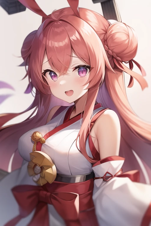 One girl, alone, Long Hair, King Kongu (Kantai Collection),Sakura Miko, Pink Hair, Double Bang, Purple eyes, Hair Bun, Ahoge, Open your mouth, Non-traditional Shrine Maiden, Removable sleeves, Brown eyes, White Background, (headgear):2, (Hair Bunド):2, smile, Sleeves edged with ribbon, Simple Background, kimono, Ribbon trim, View your viewers,  username, Upper Body, Wide sleeves, :d, King Kong