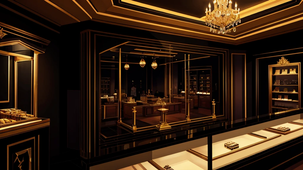 inside a jewelry store, with a balcony, black color, no humans, no persons