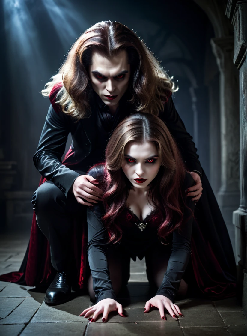 a vampire man crouching next to an attractive human teenage woman corpse, extremely detailed face and body, vampire with sharp teeth, pale skin, red eyes, attractive woman with flowing hair, detailed clothing, dramatic lighting, dark moody atmosphere, cinematic composition, dark fantasy, chiaroscuro lighting, high contrast, muted colors