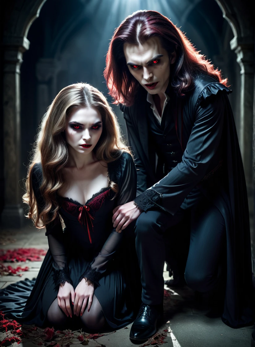 a vampire man crouching next to an attractive human teenage woman corpse, extremely detailed face and body, vampire with sharp teeth, pale skin, red eyes, attractive woman with flowing hair, detailed clothing, dramatic lighting, dark moody atmosphere, cinematic composition, dark fantasy, chiaroscuro lighting, high contrast, muted colors