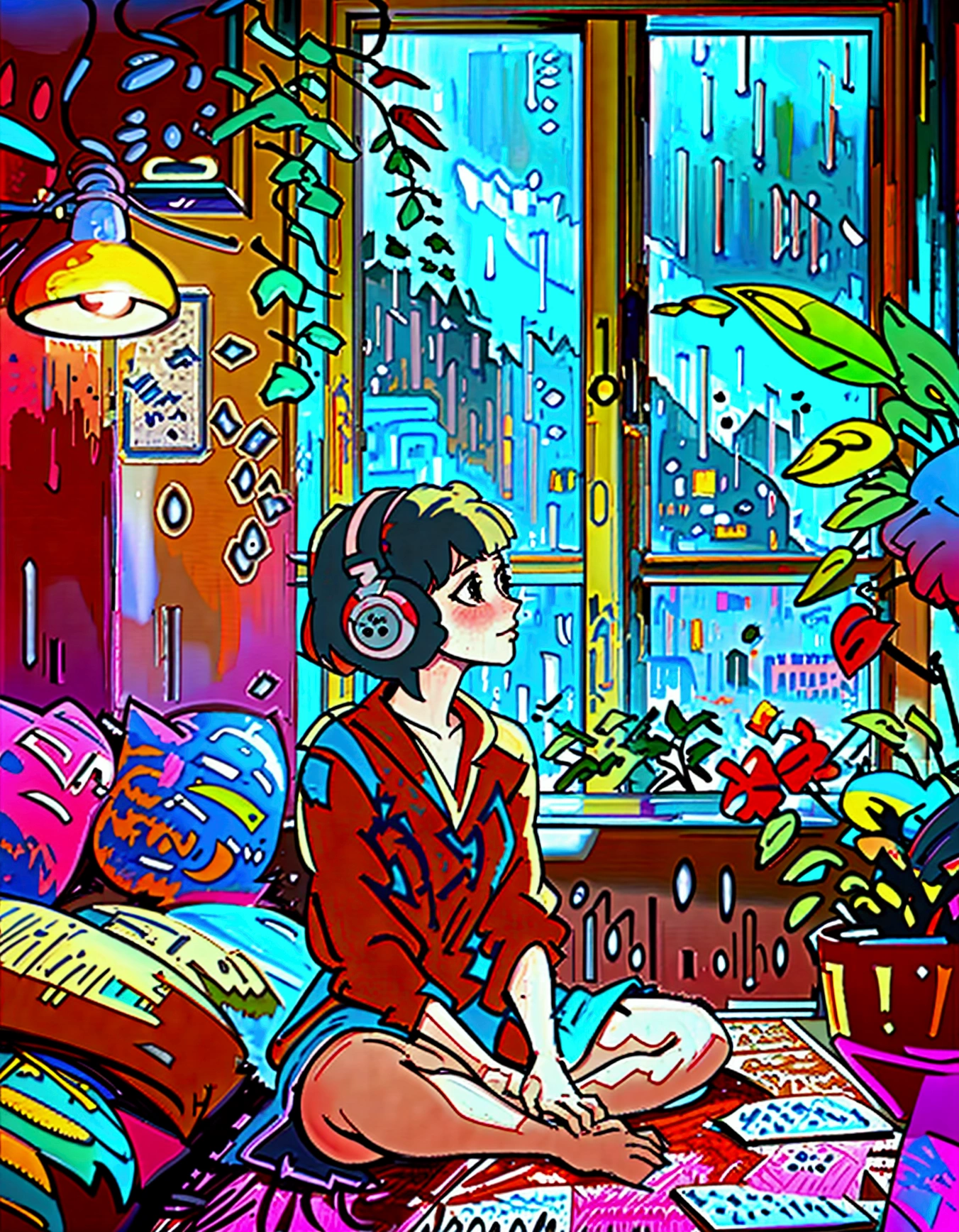 European Hippie Girl meditating in her room, dreaming, Wear headphones, night lights, Neon landscape on a rainy day, Analog Color Theme, Lo-Fi Hip Hop , retrospective, flat, 2.5D ,Draw a line, Ink Drawing, Large slope, Watercolor painting, Goosch Colors, Studio Ghibli Style, Awesome colorful, Outer Ton, krautrock, lofi art,  70s style,Old texture, amplitude,psychedelic vibe, masterpiece, Tremendous technology,