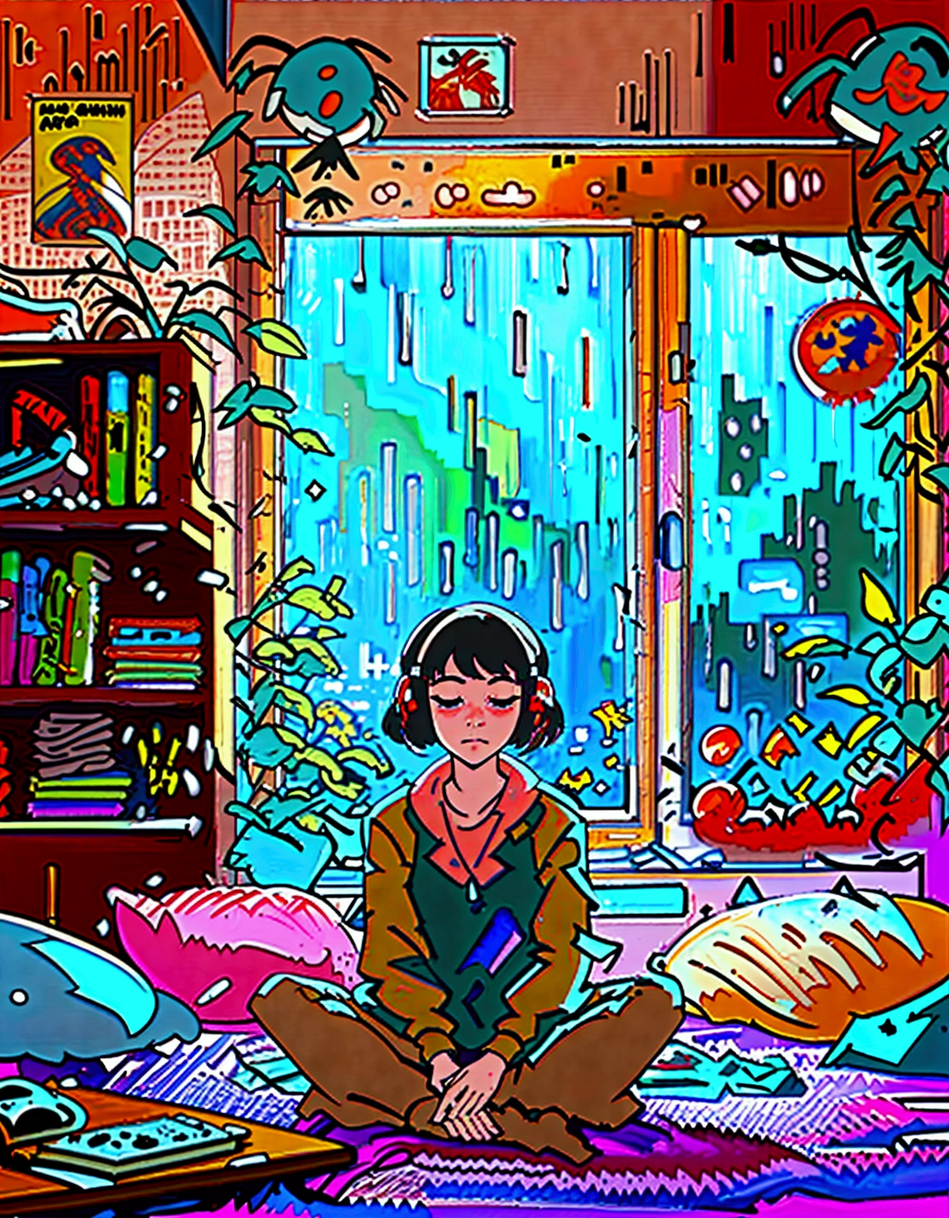European Hippie Girl meditating in her room, dreaming, Wear headphones, night lights, Neon landscape on a rainy day, Analog Color Theme, Lo-Fi Hip Hop , retrospective, flat, 2.5D ,Draw a line, Ink Drawing, Large slope, Watercolor painting, Goosch Colors, Studio Ghibli Style, Awesome colorful, Outer Ton, krautrock, lofi art, 70s style,Old texture, amplitude,psychedelic vibe, masterpiece, Tremendous technology,