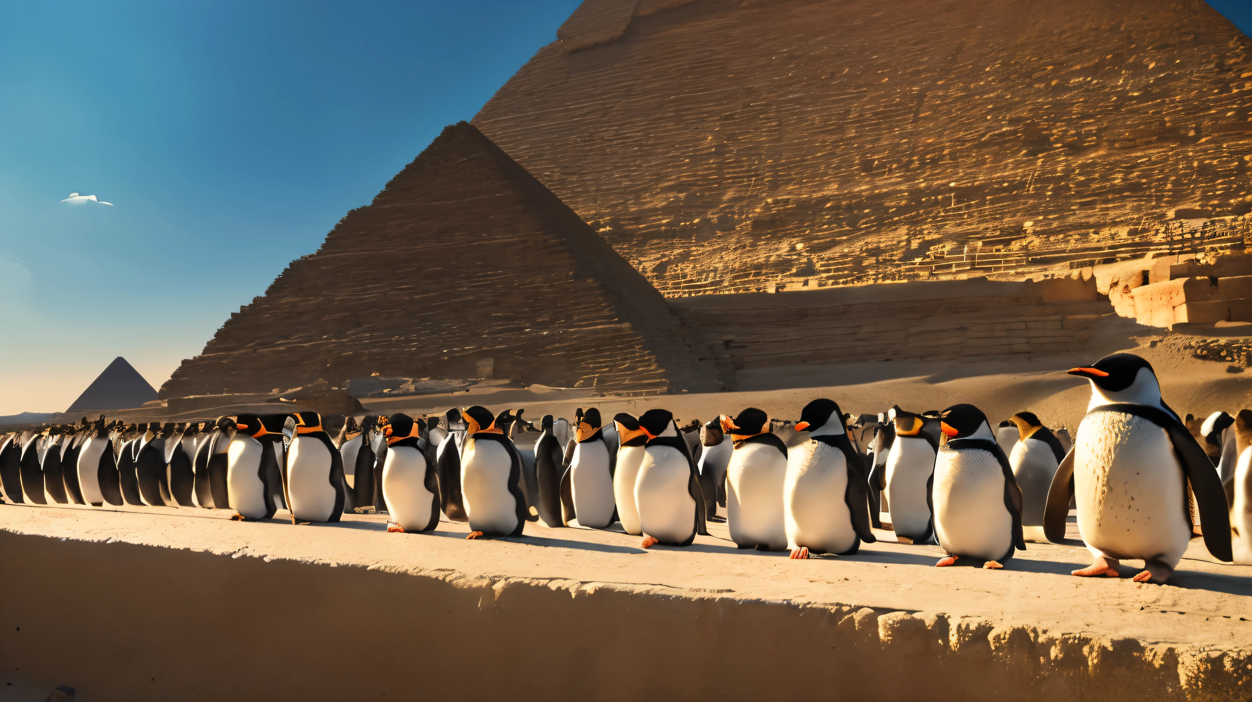 Masterpiece:1.4), (realistic, photorealistic:1.4), ultra hi-res 8k, Pyramids of Giza, line of penguins