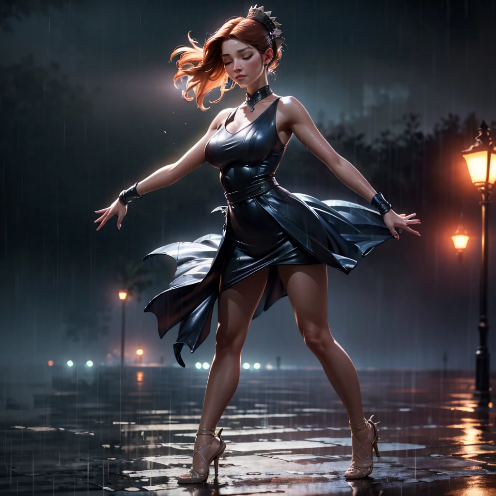 (Masterpiece,Superior quality,high quality)), ((8K wallpaper unified with high-definition CG)), (huge shot of stunning goddess, so hot and sexy, Amazing beauty, perfect proportions, beautiful body, Slim body beauty:1.3), (dancing in the rain:1.5)), Woman in white dress dancing in the rain, dancing in the rain, sloshing rain, soggy, soggy body, Lust, wet in the rain, wet dress, backlighting, rain, wet hair shaking, splashing rain, evening, rain, dancer portrait, backwards, looking to the other side, Closed eyes, Rough stance, a hand pinching the hem of her skirt, one leg raised high, dynamic composition, full body shot, 