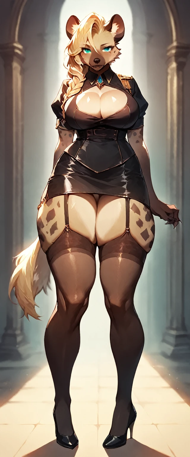 score_9, score_8_up, score_7_up, score_6_up, score_5_up, score_4_up, (solo), female anthro hyena, black shirt, tight skirt, thigh high socks lusty, fluffy body, long blond hair, turquoise eyes, (thick thighs:1.5)((( offering the breasts))) sex partial clothes, (((cleavage))) semi-butonned uniform niform, (barely_visible_booba) (she is standing) , giant breasts, garter belt, high heels