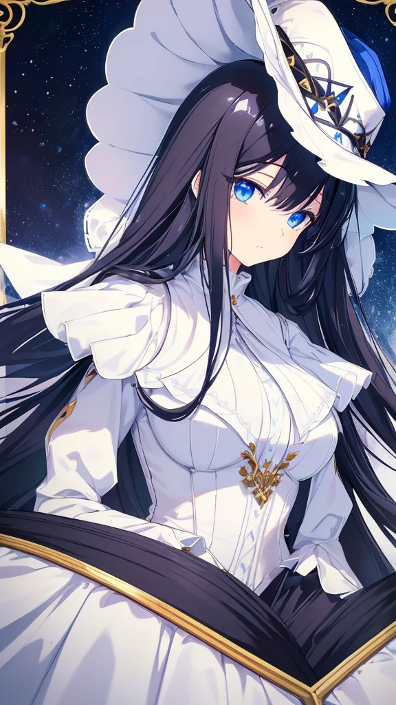 best quality, extremely detailed, anime style girl, long hair down to the waist, straight hair, ((dark black hair with bluish)),crown braid,beautiful detailed eyes, pinched eyes, dark blue eyes, gradation eyes,huge breasts,((((white English noblewoman's clothes)))),Luxury English hats,((Inside the carriage)),from side