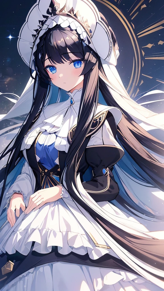 best quality, extremely detailed, anime style girl, long hair down to the waist, straight hair, ((dark black hair with bluish)),crown braid,beautiful detailed eyes, pinched eyes, dark blue eyes, gradation eyes,huge breasts,((((white English noblewoman's clothes)))),Luxury English hats,((Inside the carriage)),from side