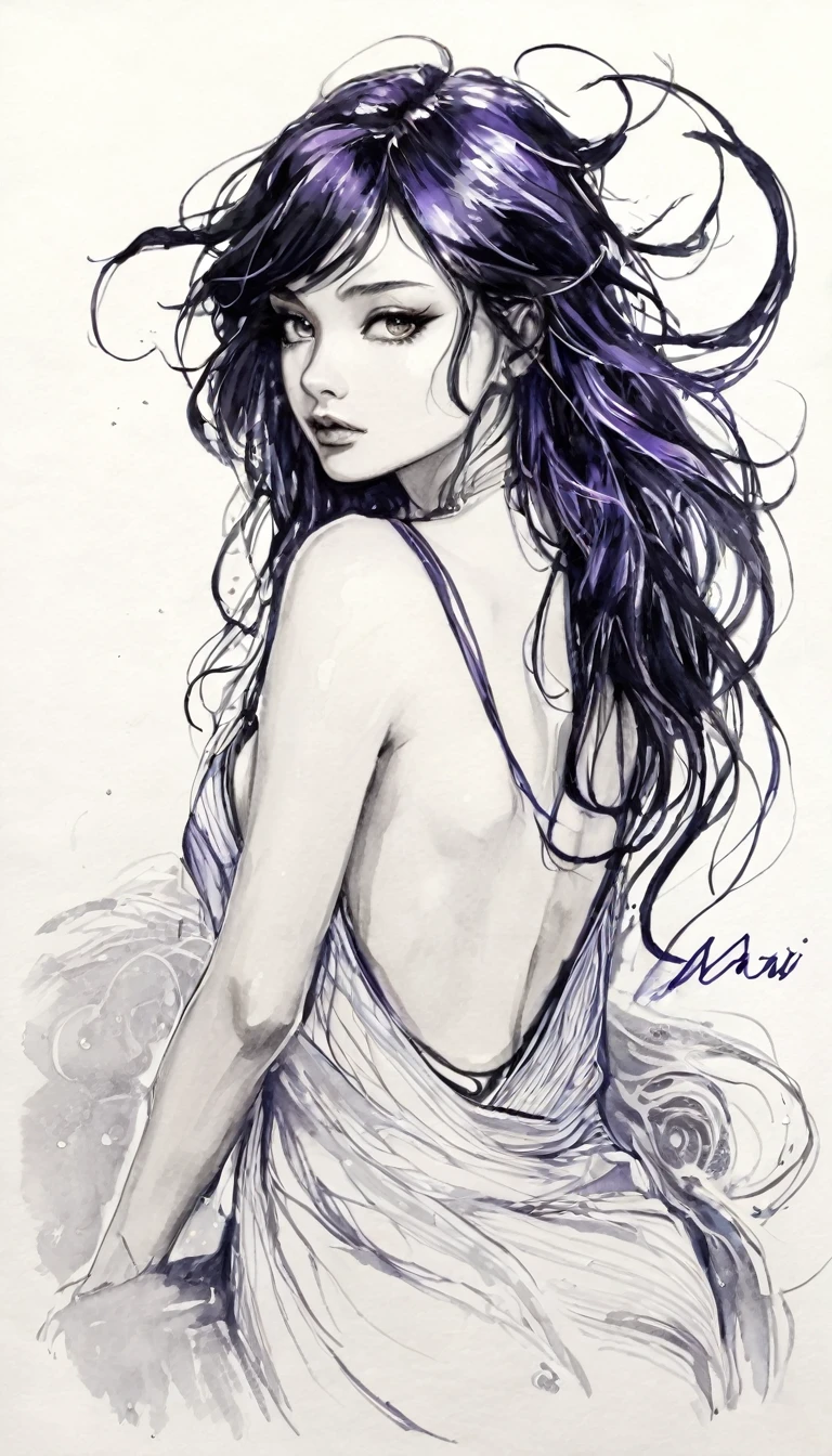 some sexy, dark, loneliness,magic , tmari, sketch, traditional media, pen drawing, white background. oil painting)
