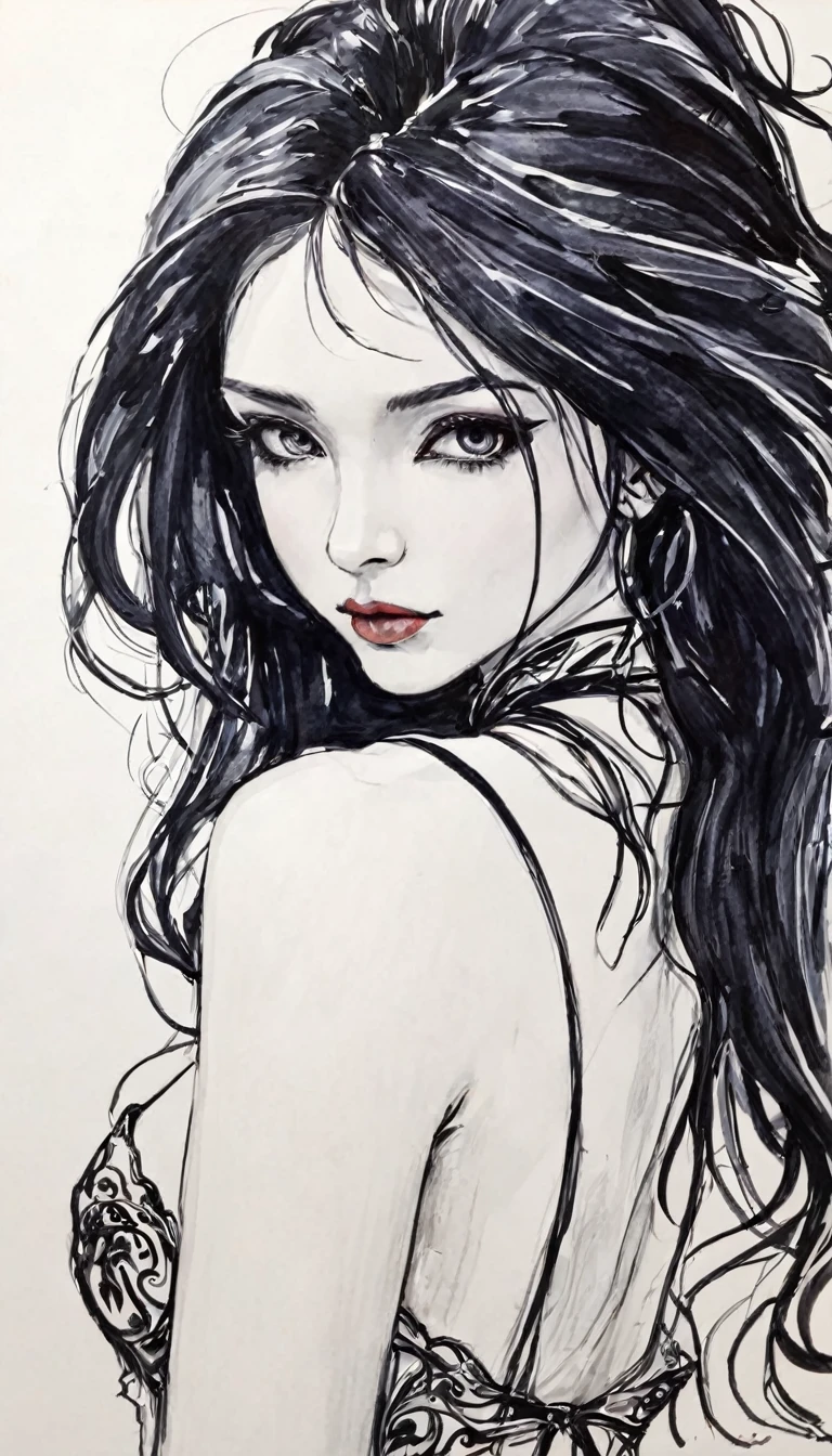 some sexy, dark, loneliness,magic , tmari, sketch, traditional media, pen drawing, white background. oil painting)